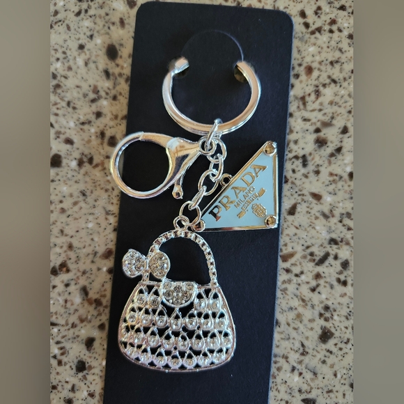 Prada Aithentic Silver Amd Blue Charm With Upcycle Keychain with Crystal Accents - Picture 1 of 3